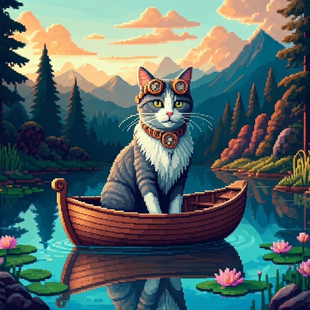 Steampunk Cat's Pixel Art Boat Adventure