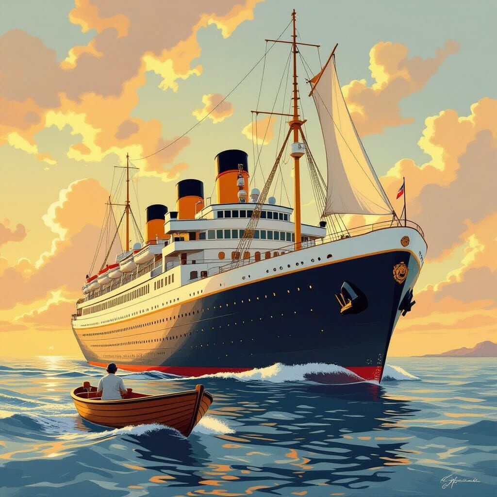 Majestic Cruise Ship in Golden Light, Mid-Century Illustrati...