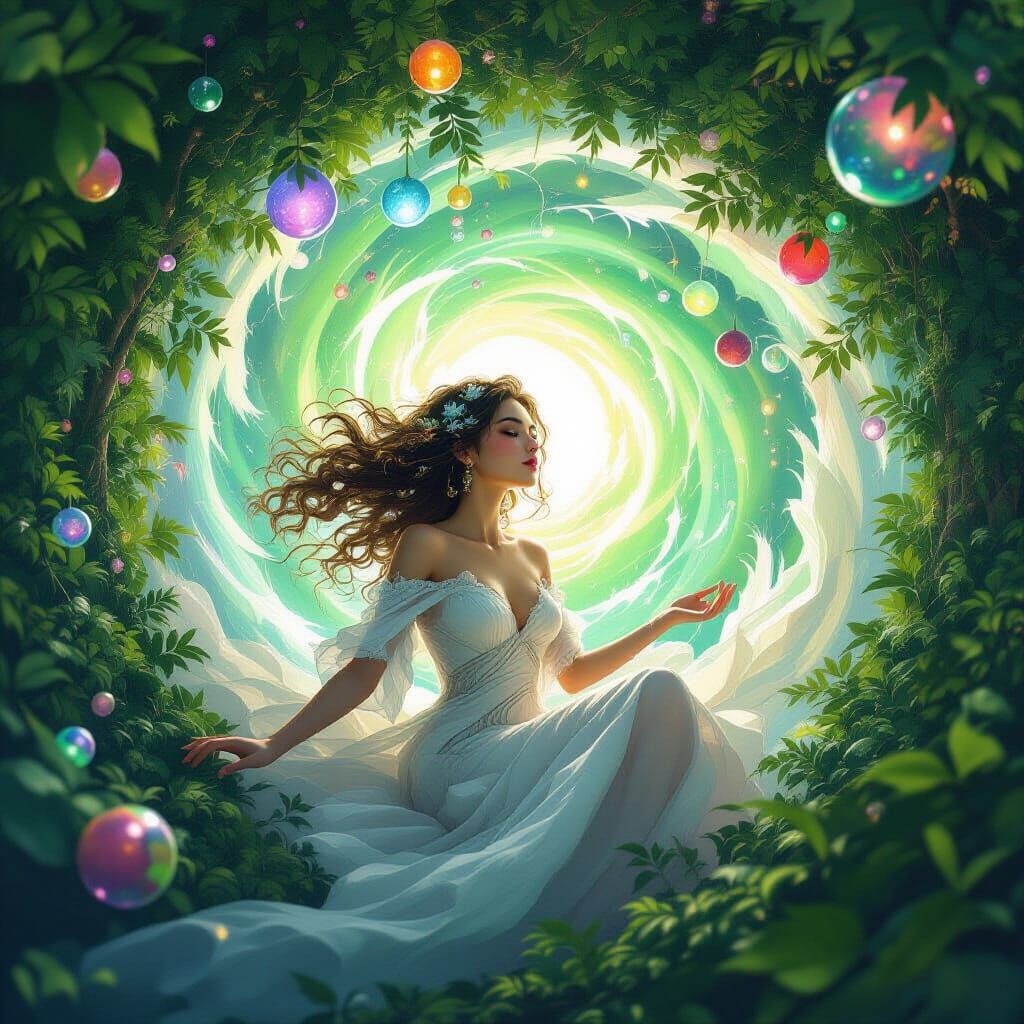 Ethereal Woman in Vortex of Light Orbs