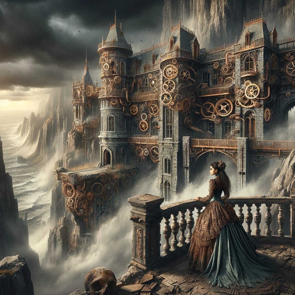 Steampunk Castle in Fog with Victorian Woman