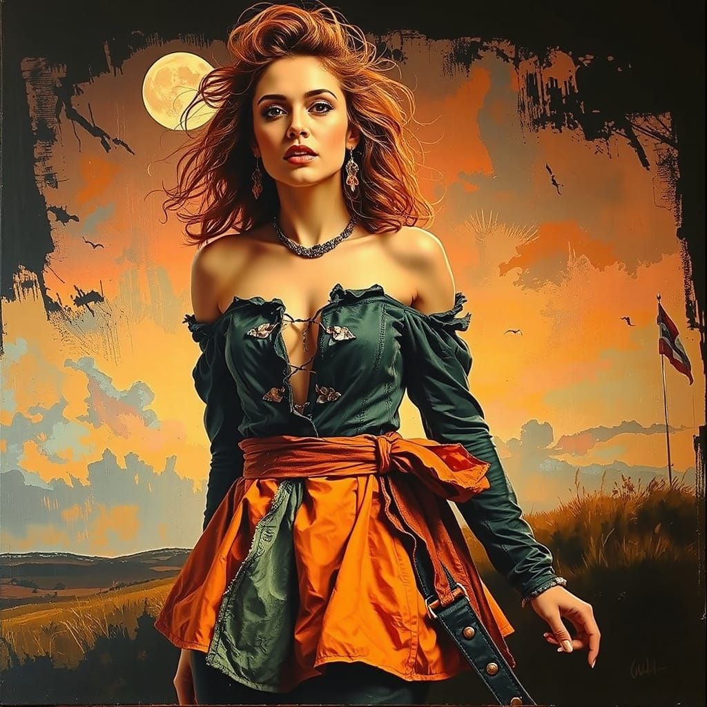 Woman on Windswept Moor at Twilight in Oil Painting Style