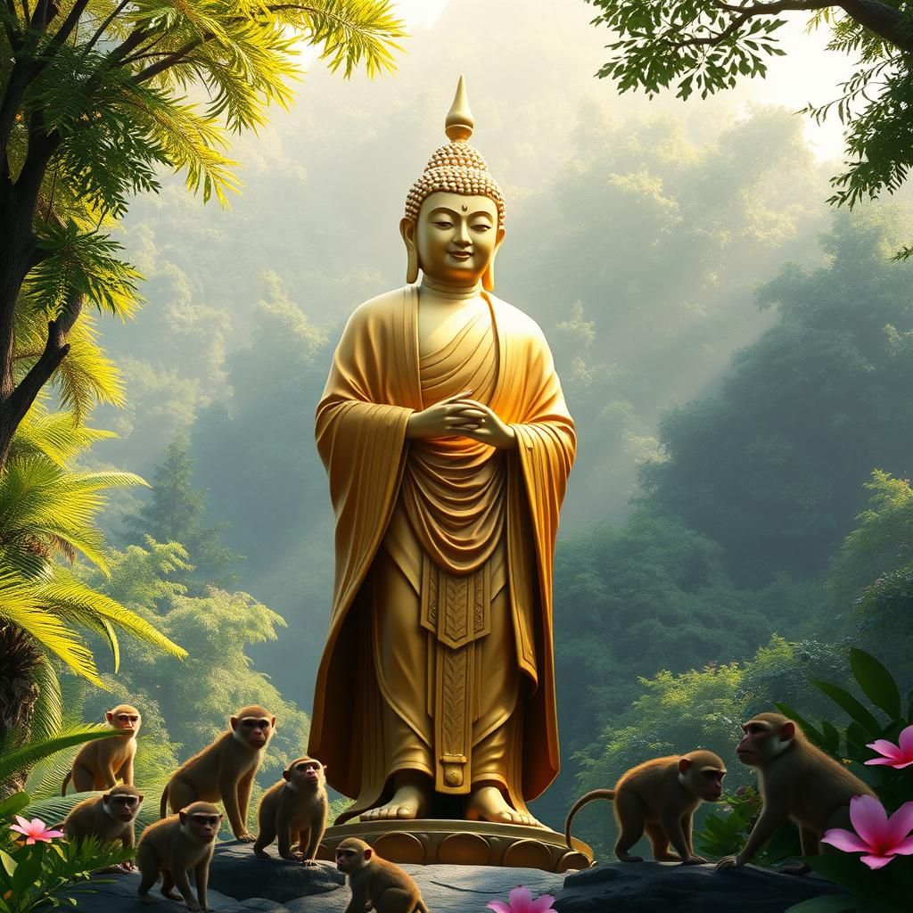 Walking Buddha in Forest, Anime-Inspired 3D Render
