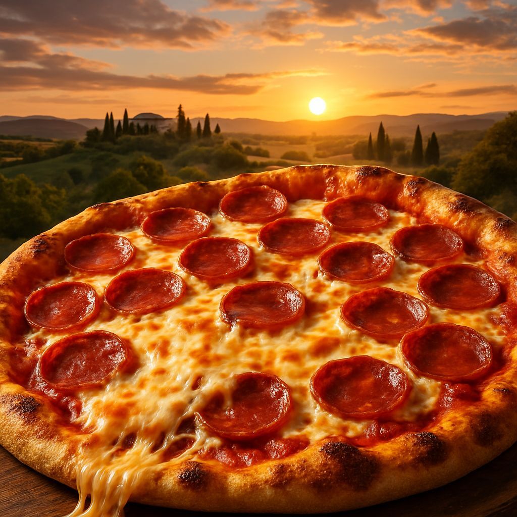 Delicious Pepperoni Pizza with Tuscan Landscape Background