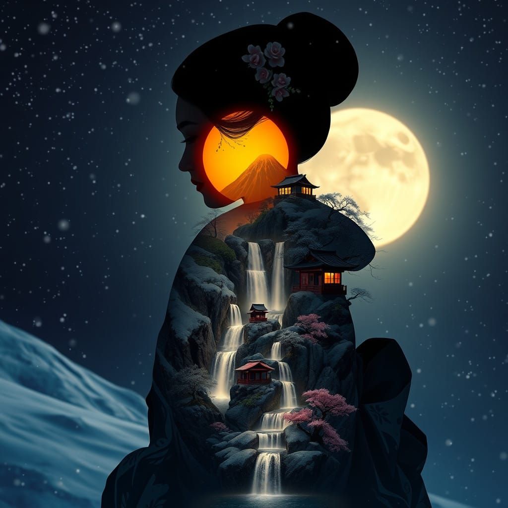 Hyperrealistic Geisha in Moonlit Japanese Landscape