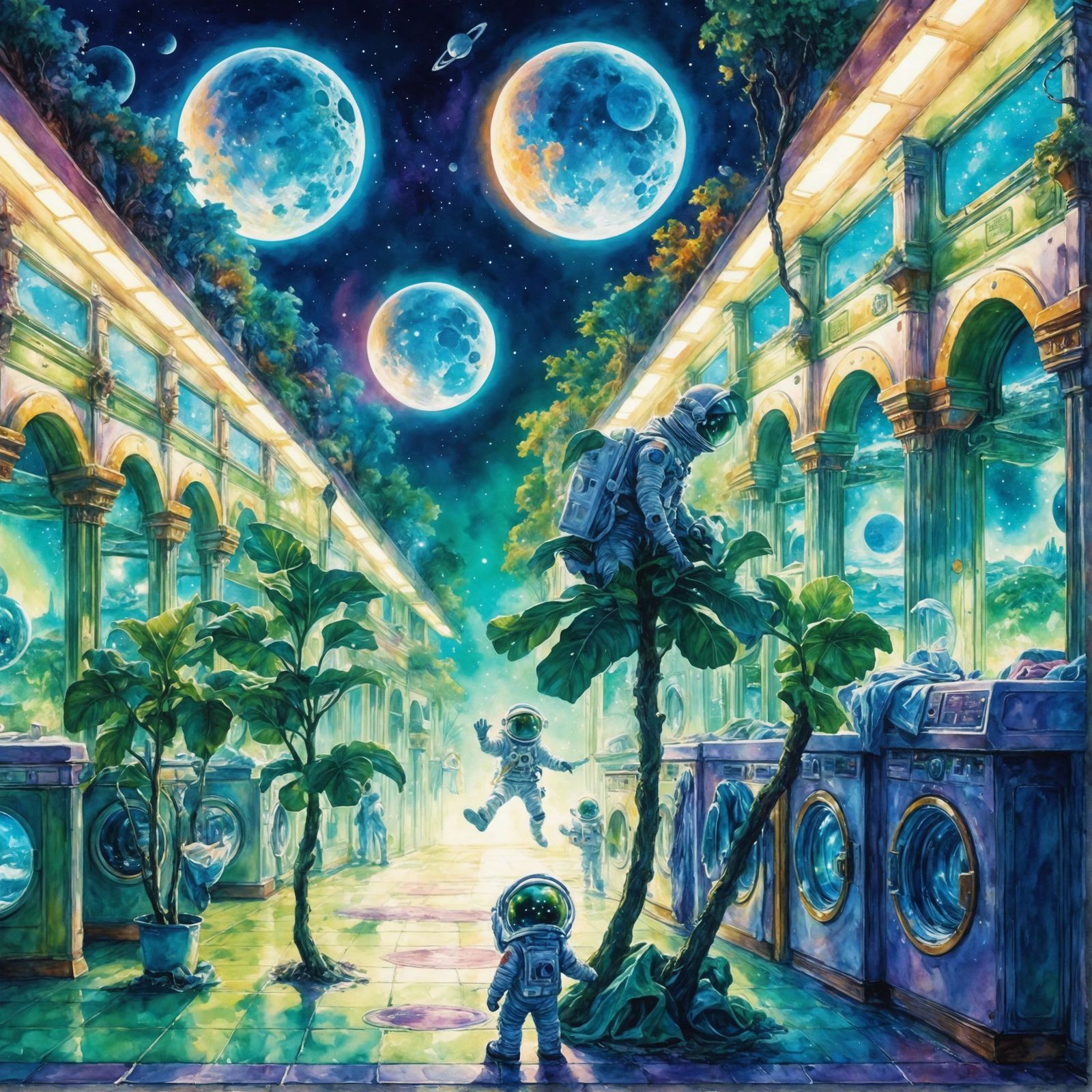Astronaut at Alien Laundromat Watercolor Illustration
