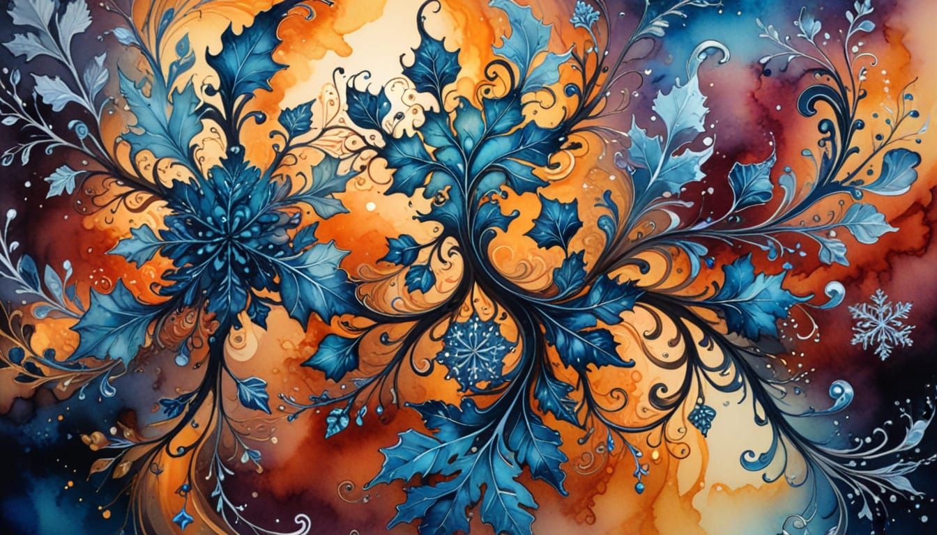 Surreal Winter Dance in Stylized Watercolor and Ink