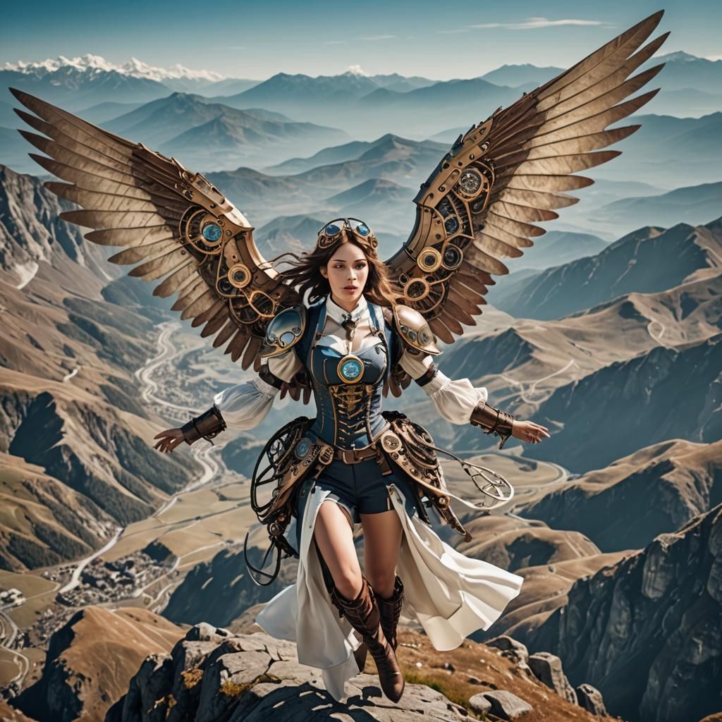 Steampunk Woman Flies with Da Vinci Wings