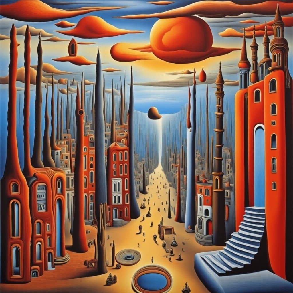 Surreal Golden City with Elegant Women