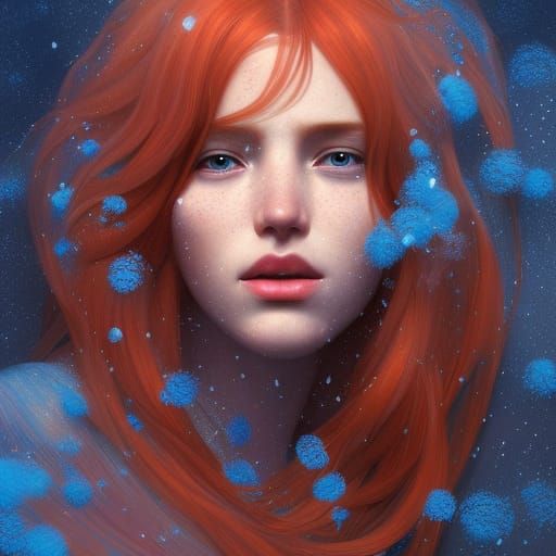 Red-Haired Model Portrait with Blue Tint in Snow