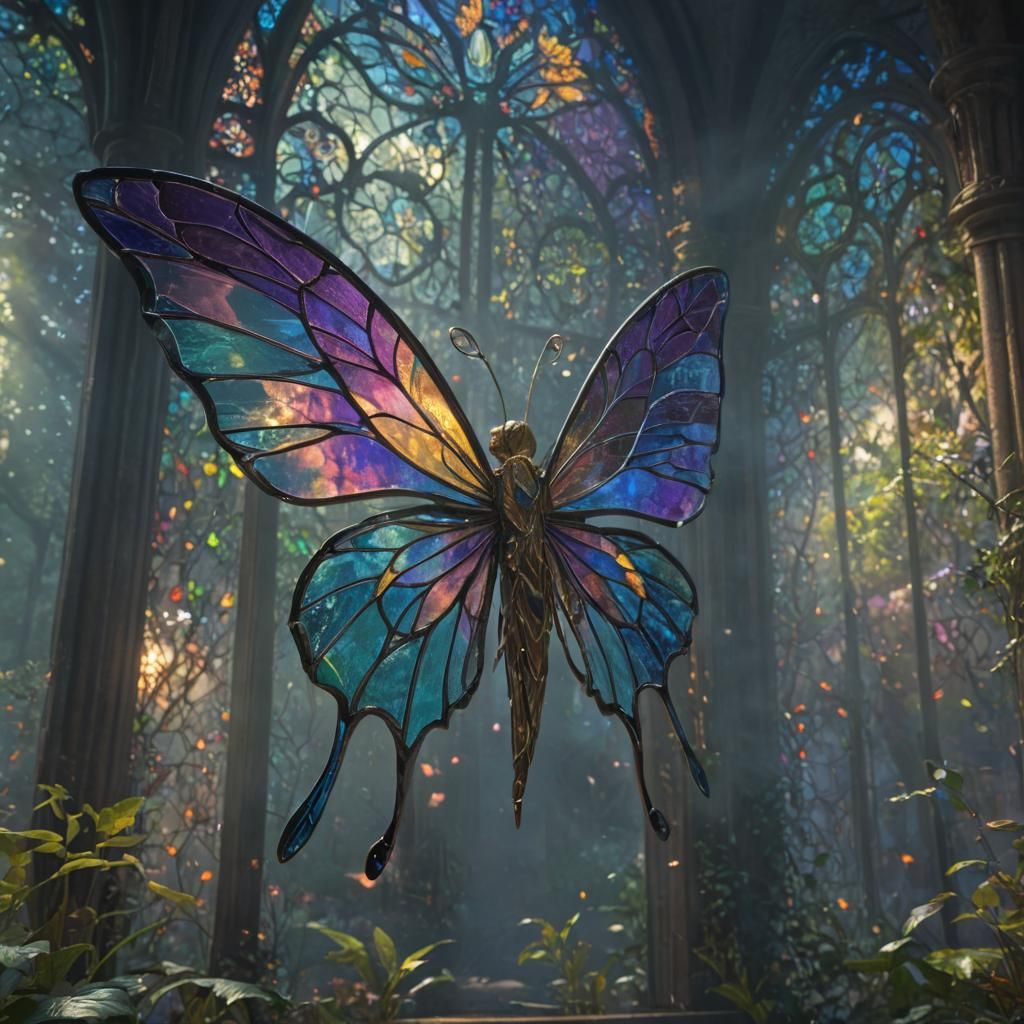 Ethereal Stained Glass Fairy Wings in Fantasy Landscape