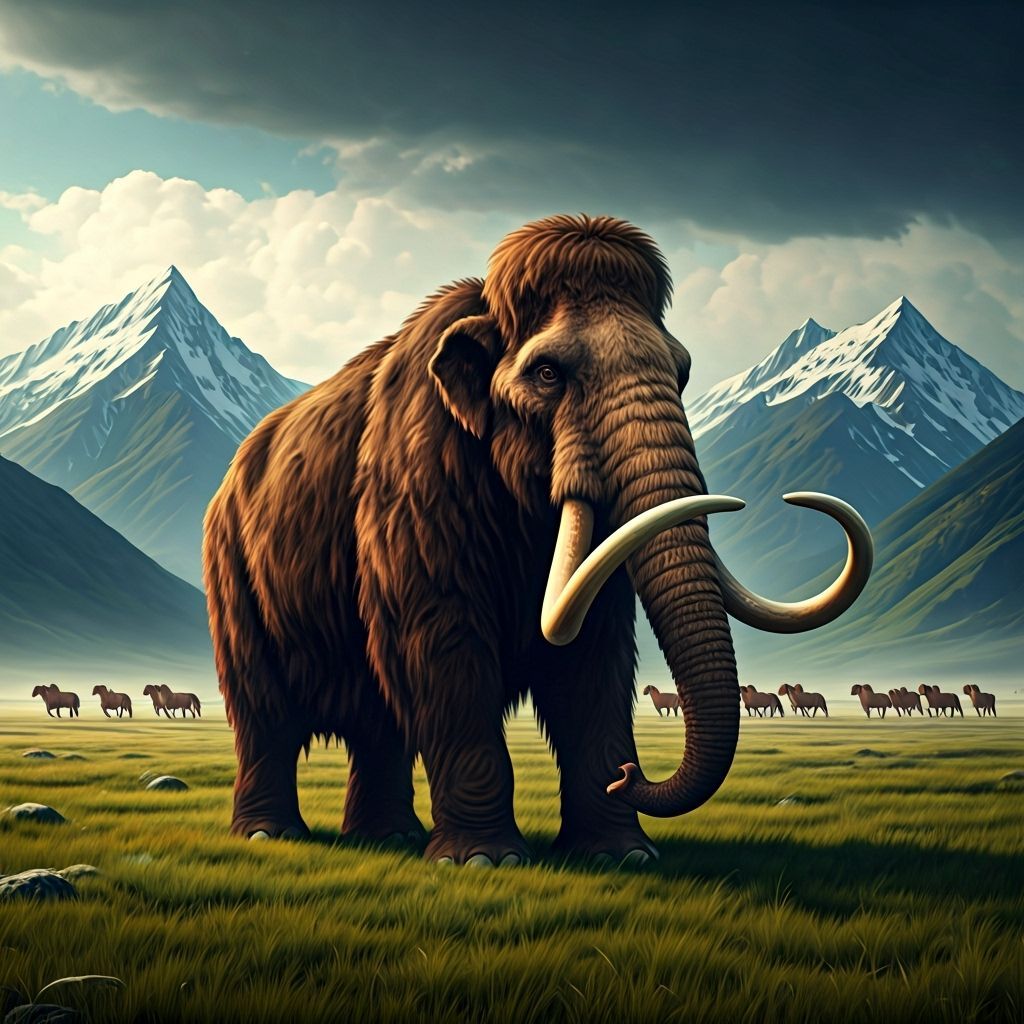 Majestic Woolly Mammoth Grazing in Ice Age Grassland