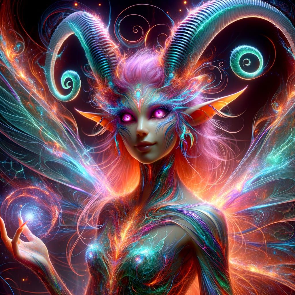 Enchanted Fox-Fairy Tiefling with Glowing Wings and Horns