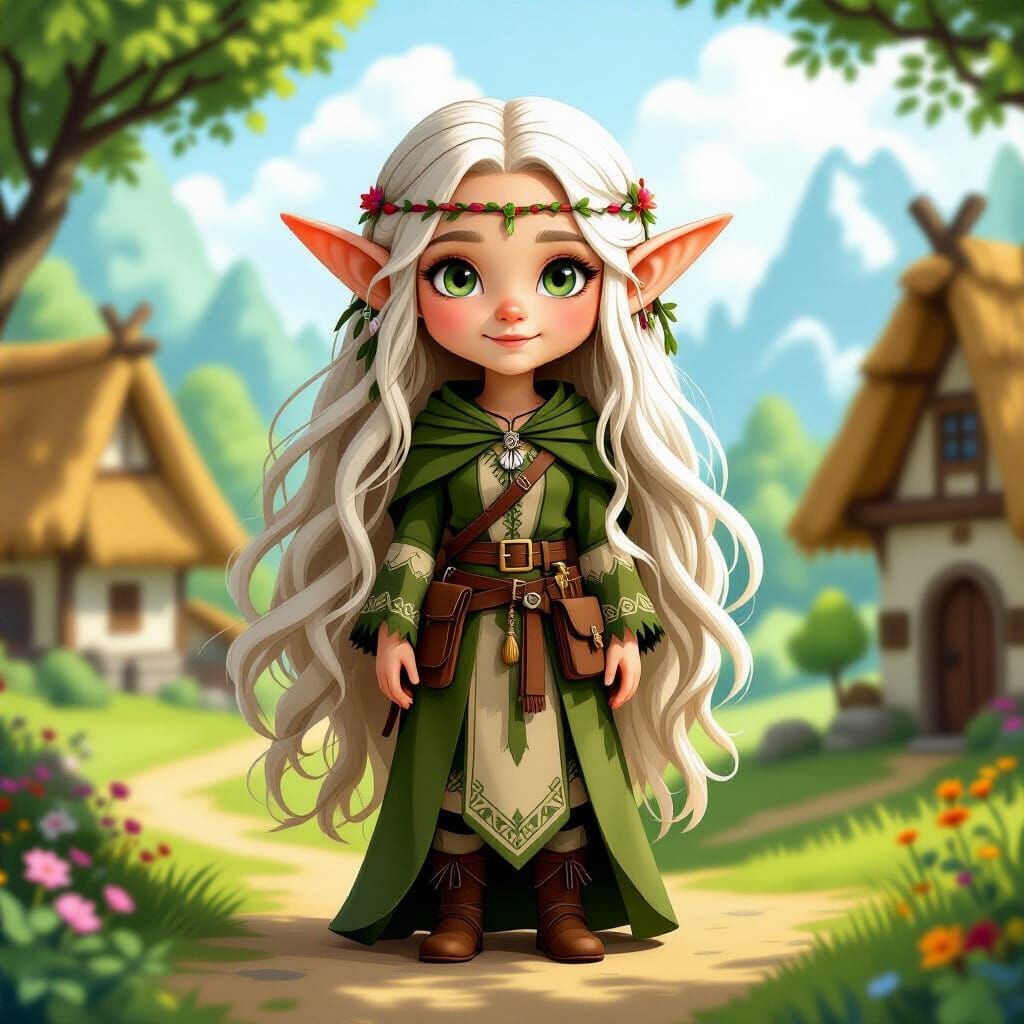 Detailed Elf with Long Hair in a Village Setting