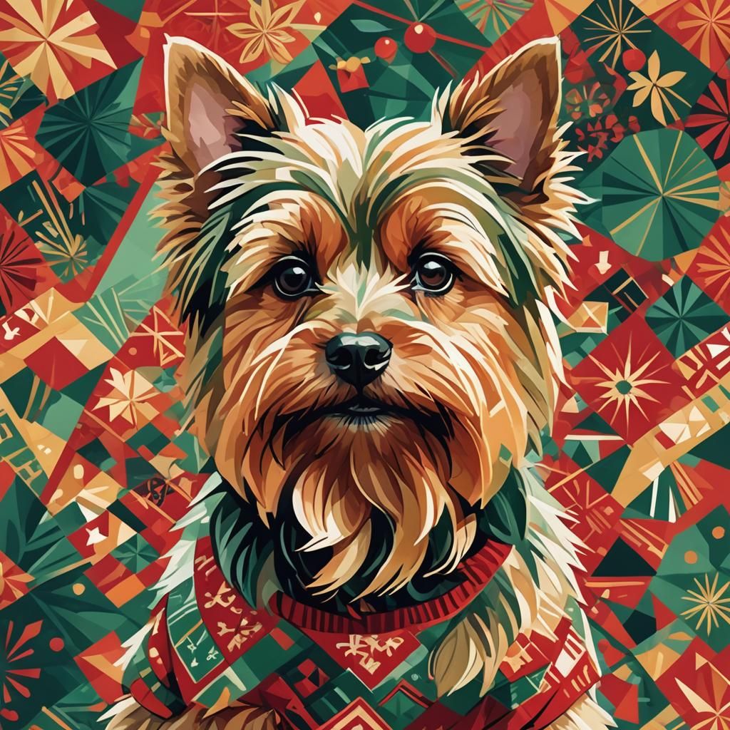 Festive Yorkie Portrait in Cubist Art Style