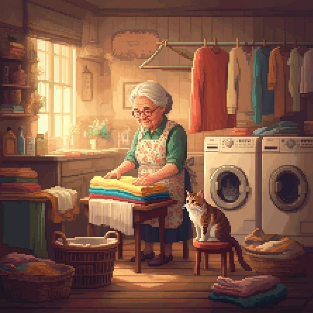 Charming Laundry Day with Cat in 8-bit Pixel Art