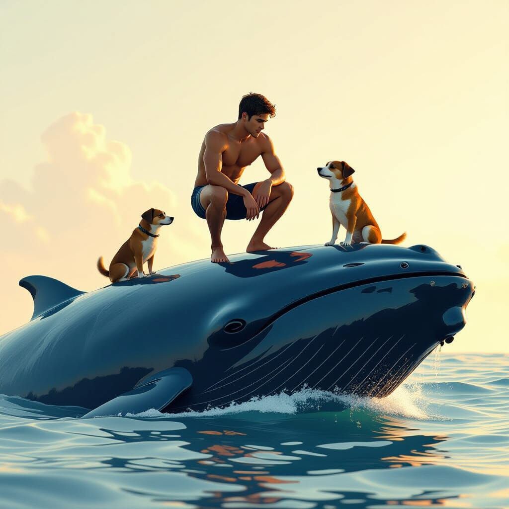 Man and Dog Ride a Whale in Golden Sunlight