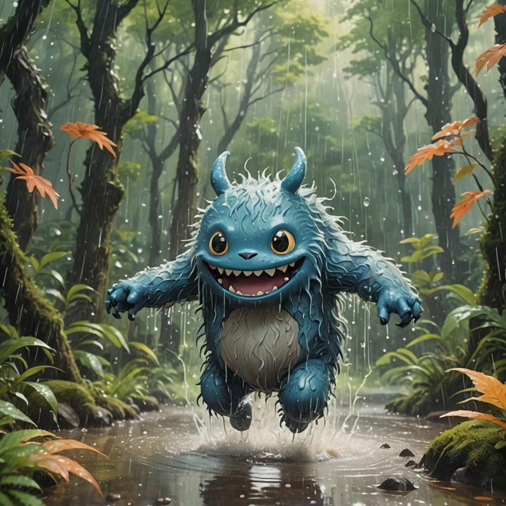 Joyful Monster Playing in Rainy Ghibli Forest