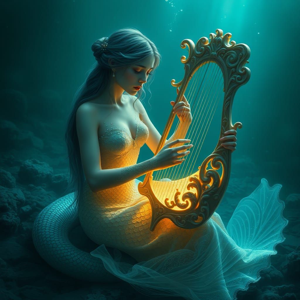 Melancholic Mermaid Playing Harp Underwater