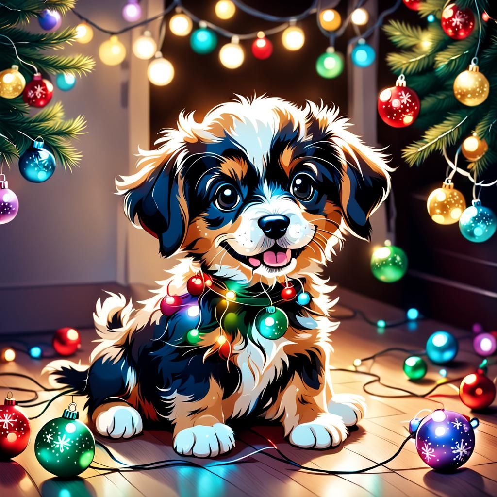 Cartoon Puppy Tangled in Christmas Lights