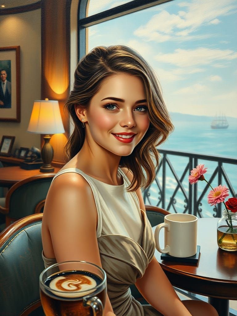 Elegant Woman in Cafe: Ultra-Realistic Oil Painting