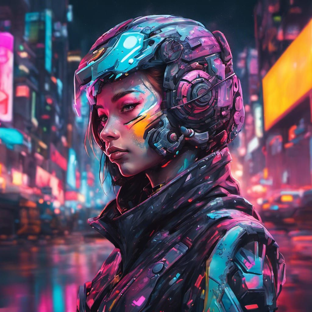 Cyborg Girl in Neon City: Graffiti Art Portrait