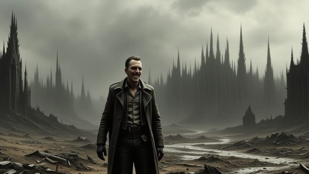 Whimsical Survivor Smiles in a Post-Apocalyptic Landscape