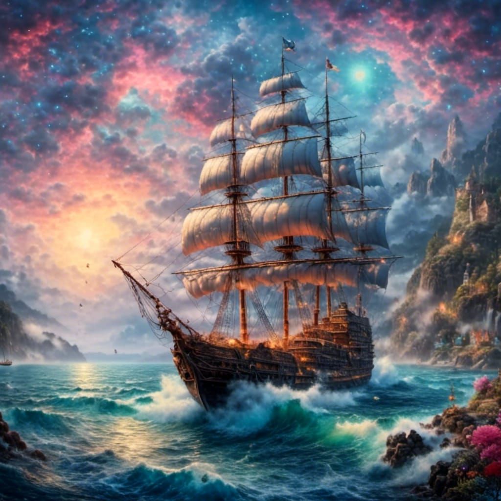 Ethereal Ship and Sea Creatures in Dreamy Fantasy