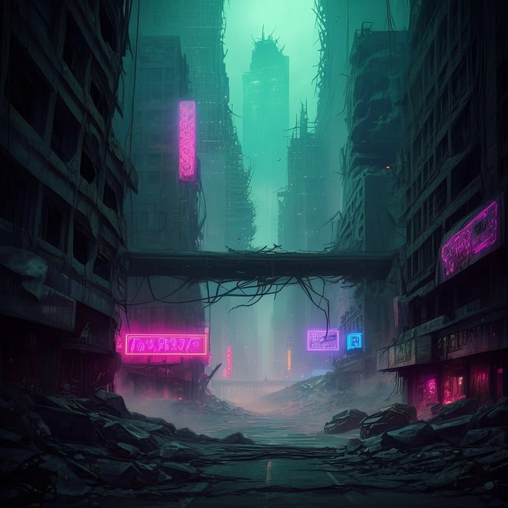 Neon Ruins: A Dystopian Cityscape