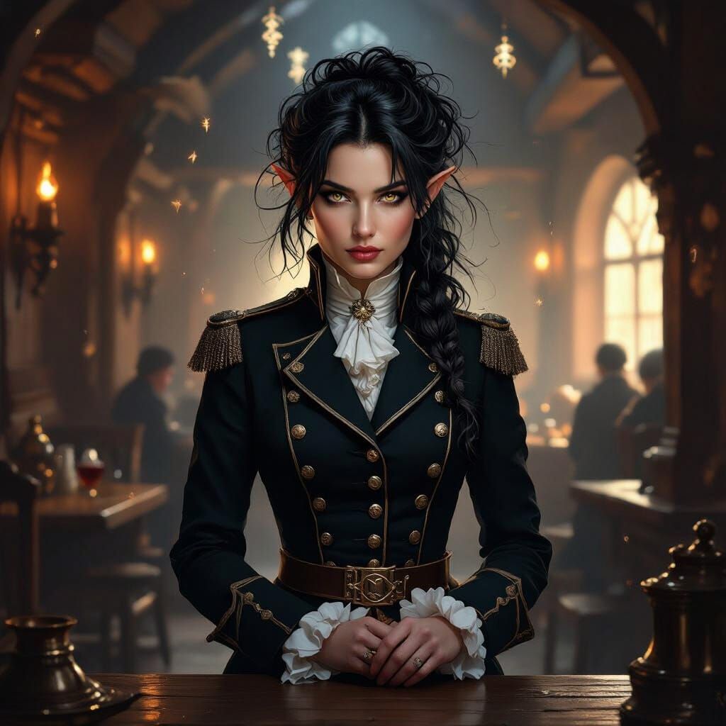 Elf Officer in 18th Century Uniform in Surreal Tavern
