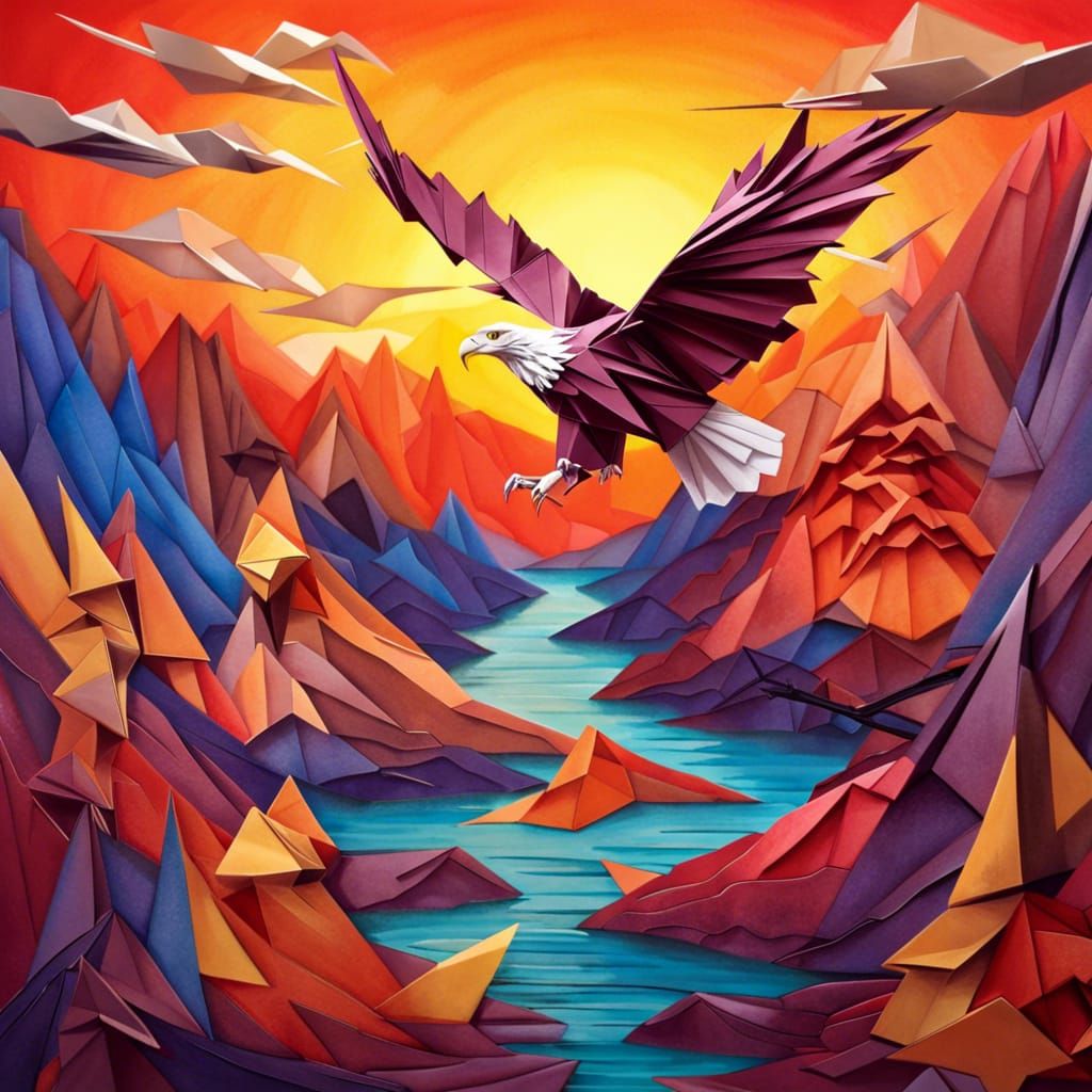 Majestic Origami Eagle Soaring Over Canyon at Sunset