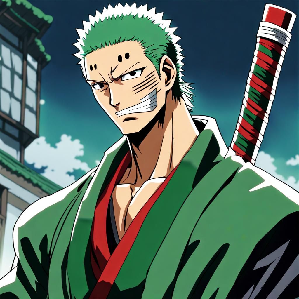 Hyperrealistic Zoro Portrait with Katana and Green Coat