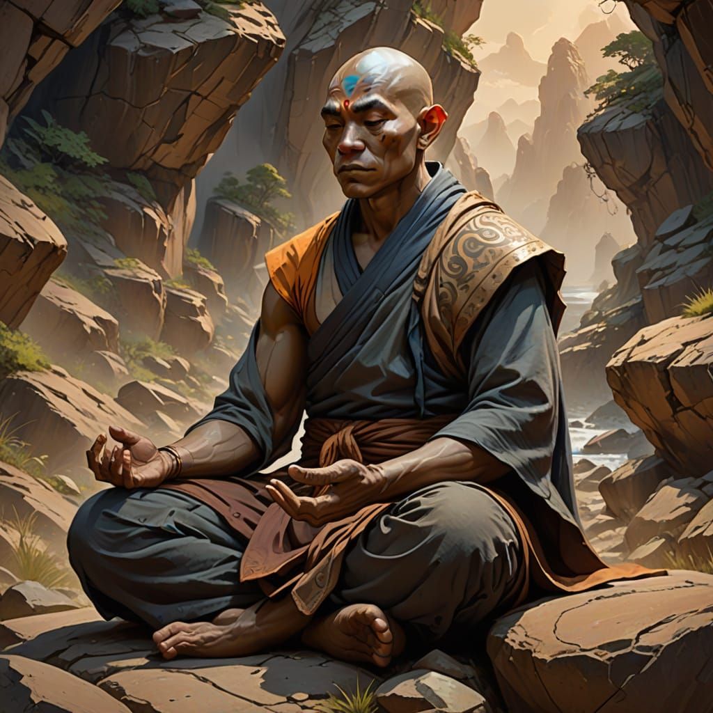 Earth Genasi Monk Meditating Amidst Stone Emergence