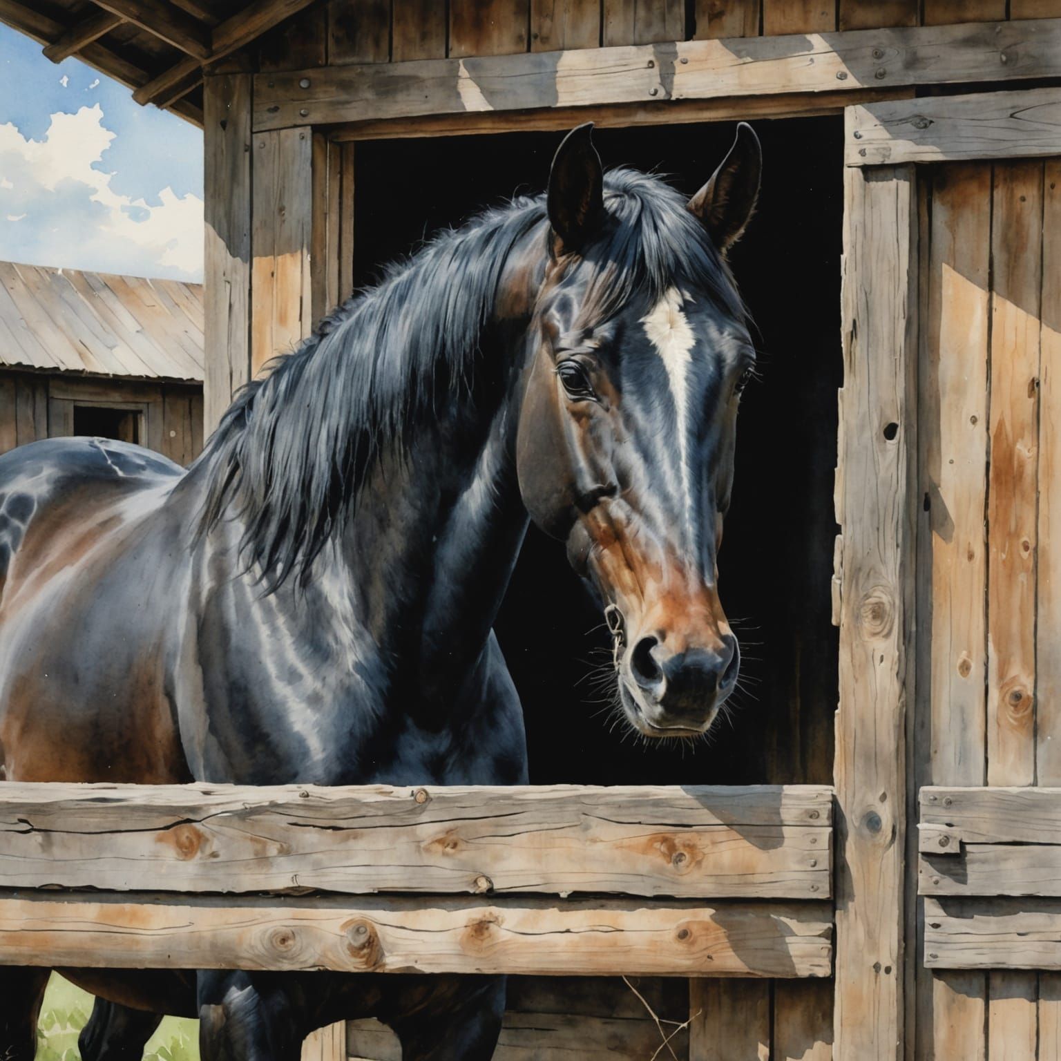 Soulful Black Horse in Rustic Stable Watercolor