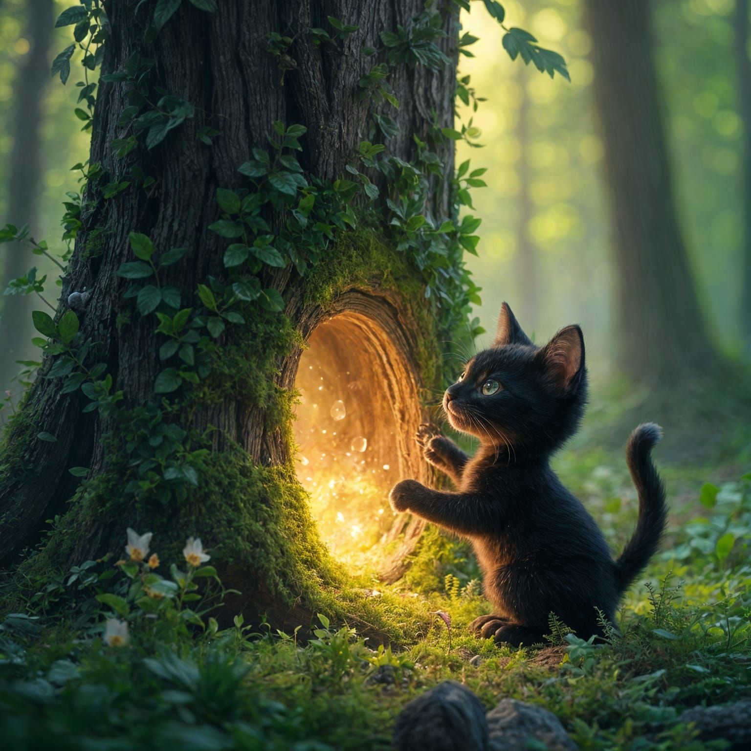 Black Kitten Finds Magical Portal in Tree Trunk