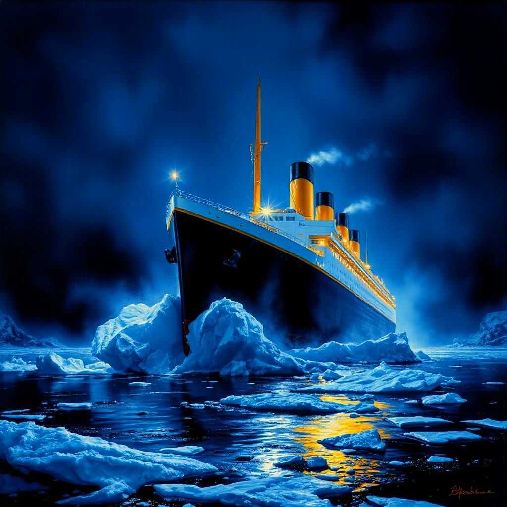 Illuminated Titanic Collides With Glittering Iceberg at Nigh...