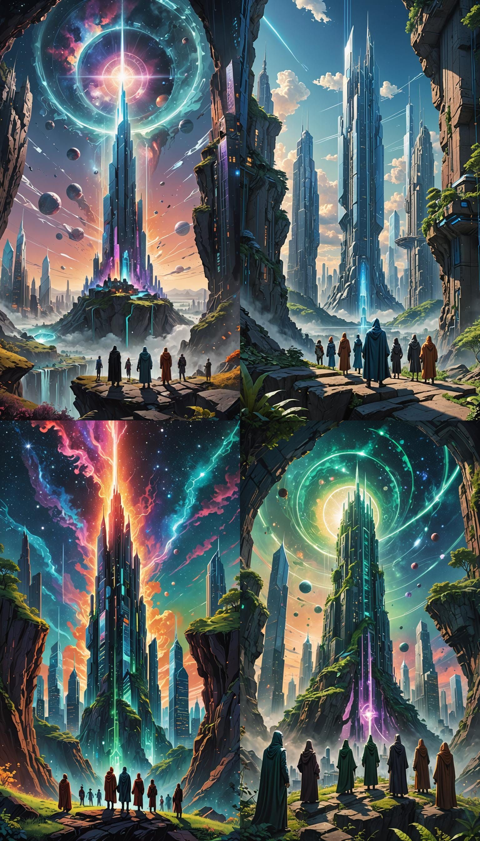 Futuristic City Merges with Nature and Cosmic Portal