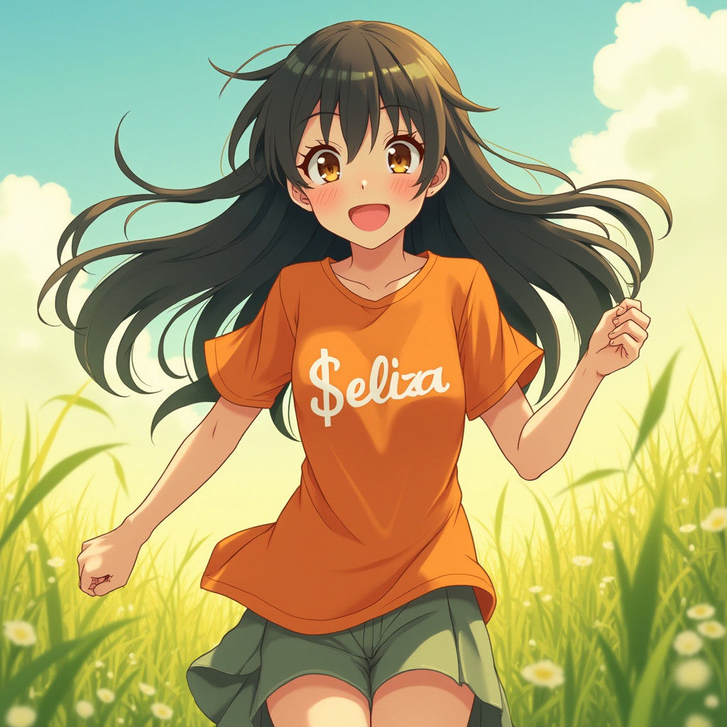 Anime Girl Running in Meadow, Cel-Shaded Style