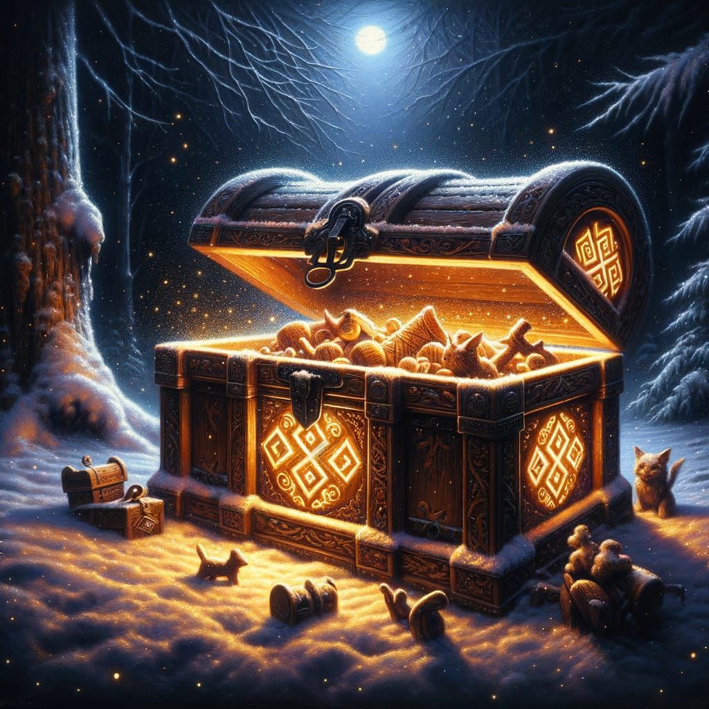 Enchanted Treasure Chest in Snowy Forest Clearing