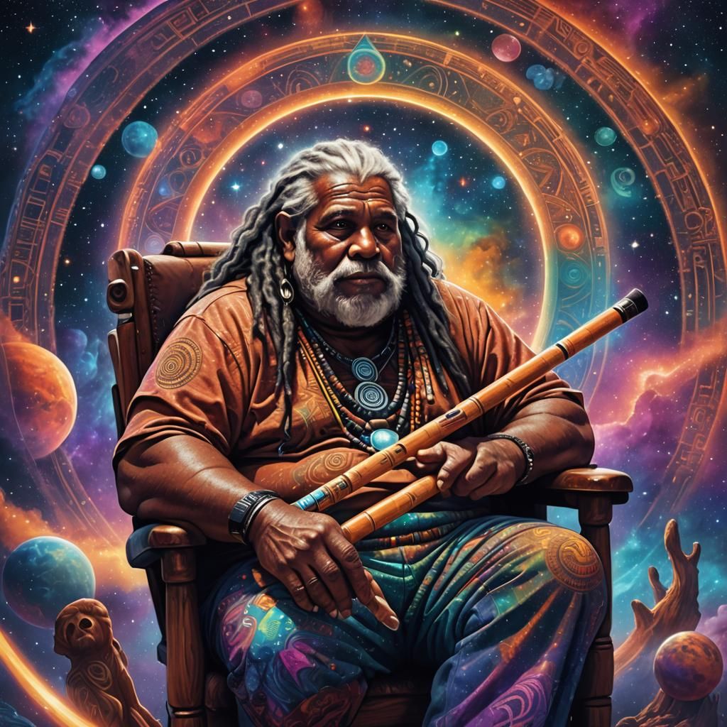 Contemplative Aboriginal Elder in Astral Holographic Illustr...