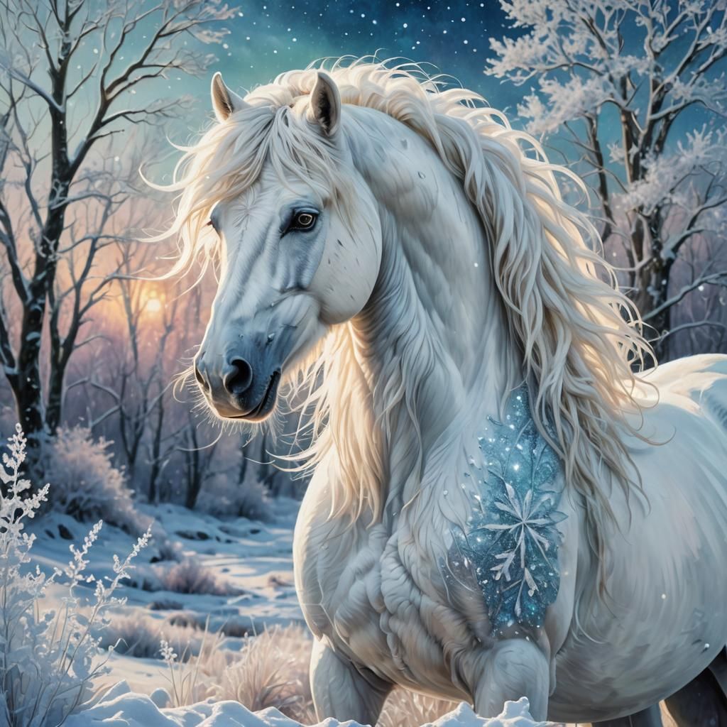 Ethereal Ice Stallion in Snowy Clearing