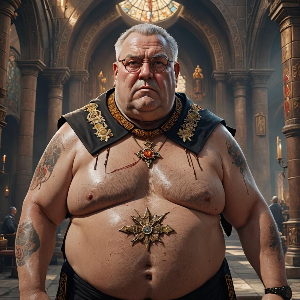 Hyperrealistic Image of a Shirtless Priest