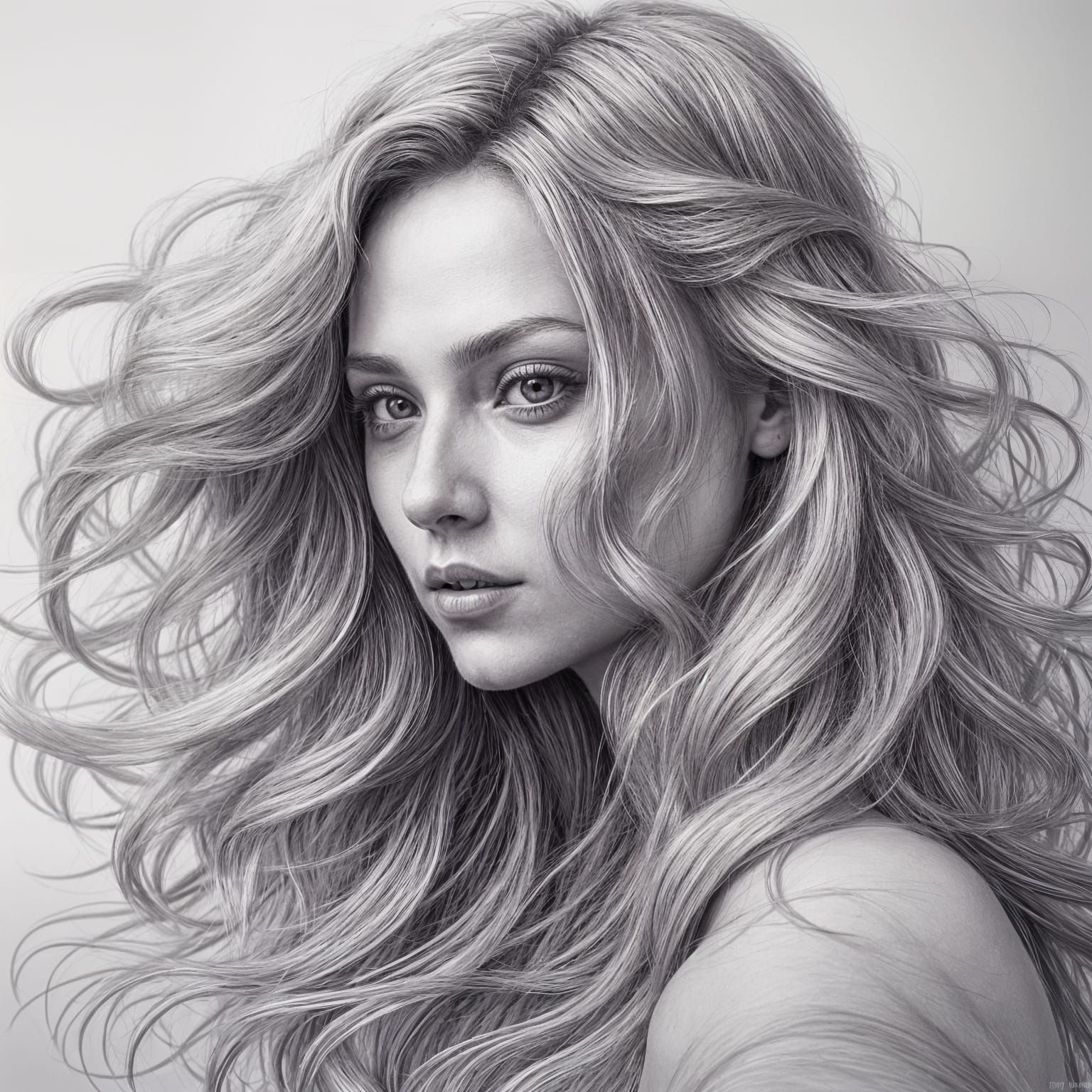 Pencil Sketch of a Girl with Flowing Blonde Hair