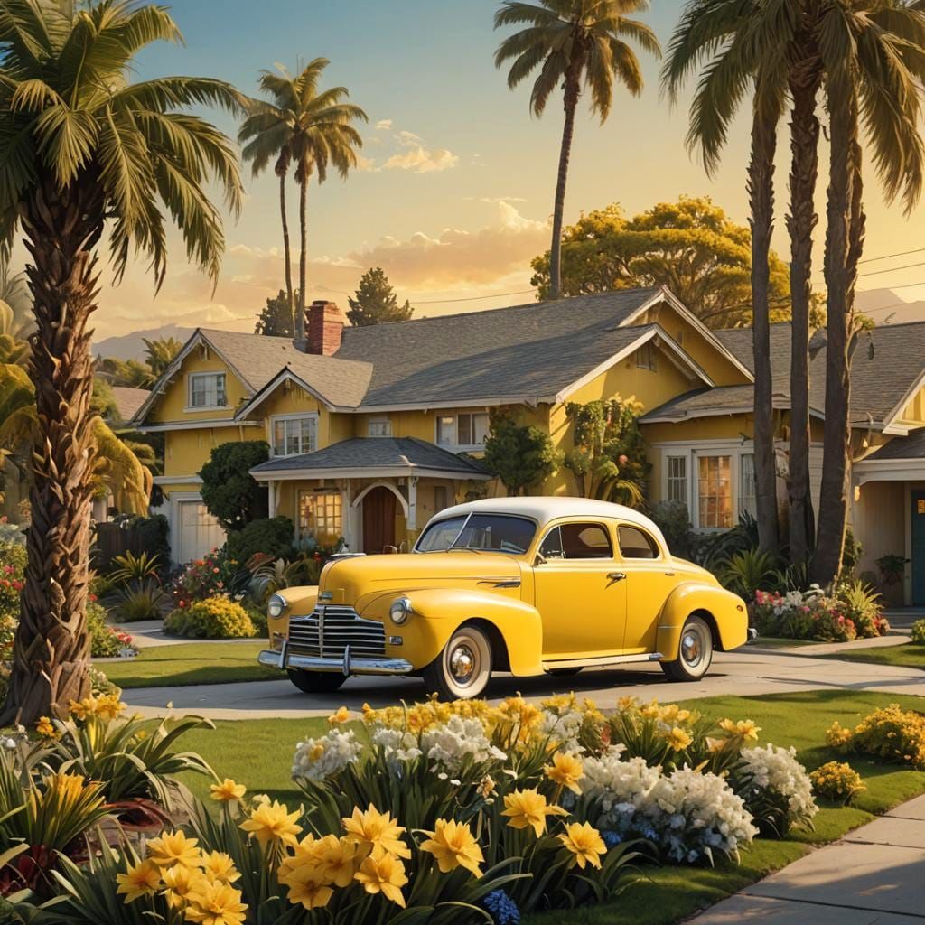 Los Angeles, van Nuys, 1940's rancher, yellow with white tri...