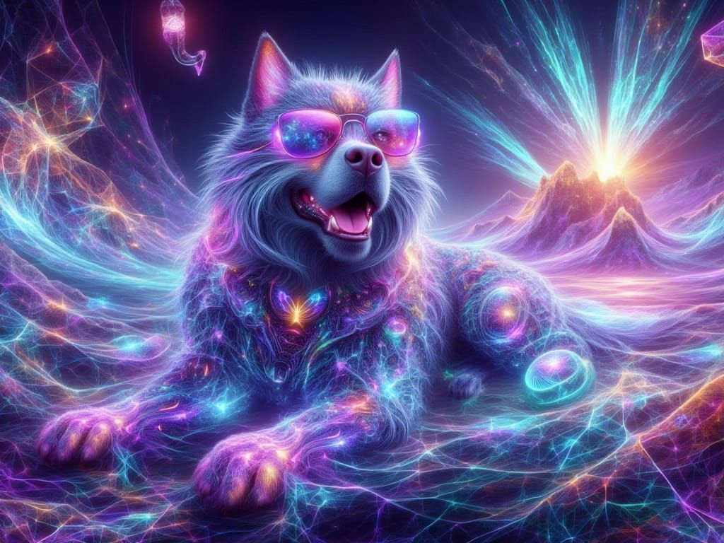 Futuristic Husky on Volcanic Beach in Quantum Fractal Style