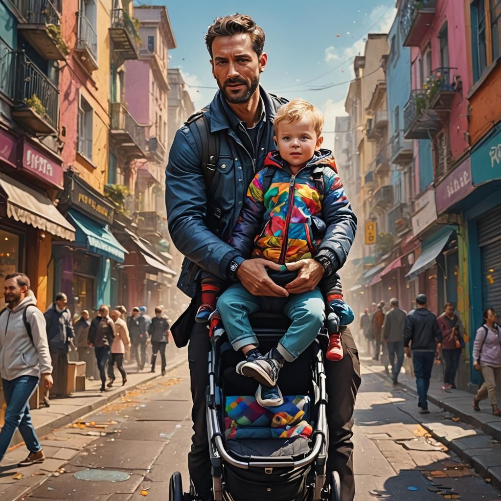Hyperrealistic Man with Toddler and Pram in Splash Art