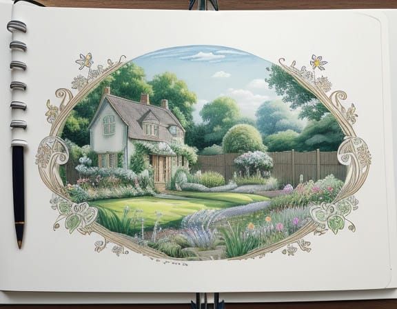 Whimsical Watercolor Garden Scene in Pastel Hues