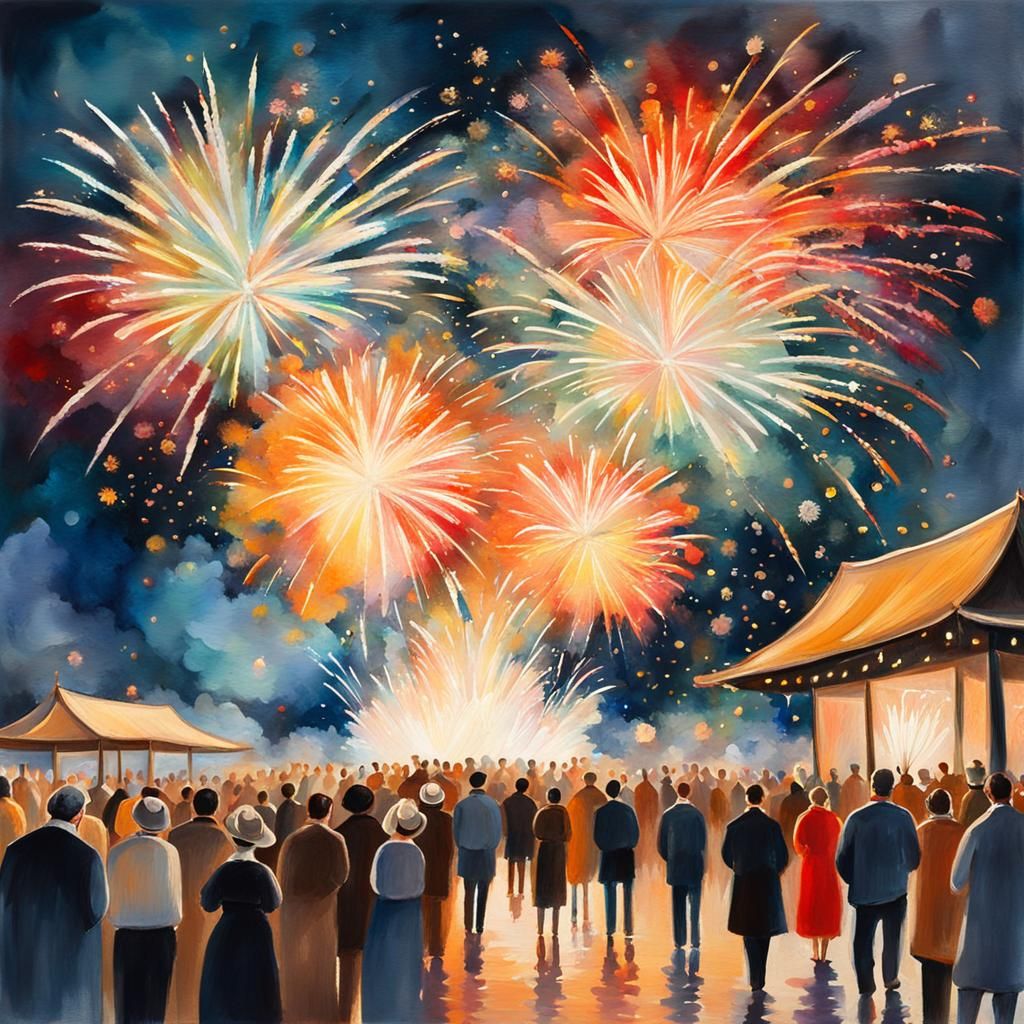 New Year Fireworks in Gouache Style