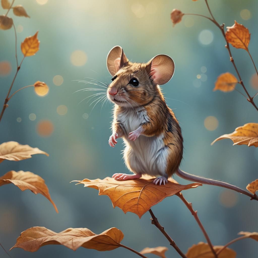 Mouse Watching a Falling Leaf Illustration