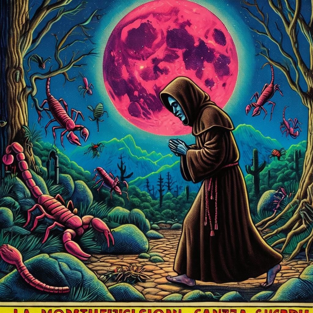 Monk Crawling Under Scarlet Moon, Loteria Card Art