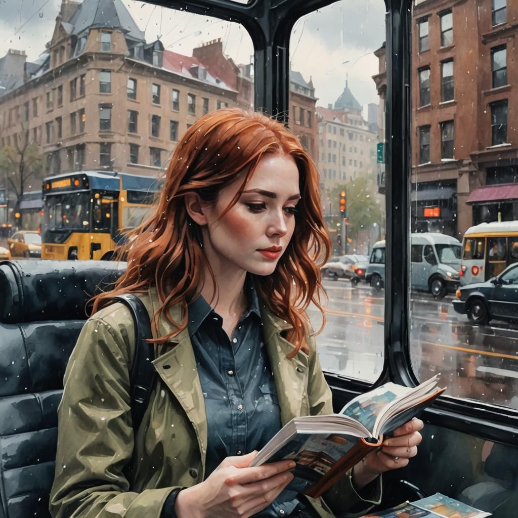 Girl Reads on Rainy Bus: Watercolor Impasto Painting